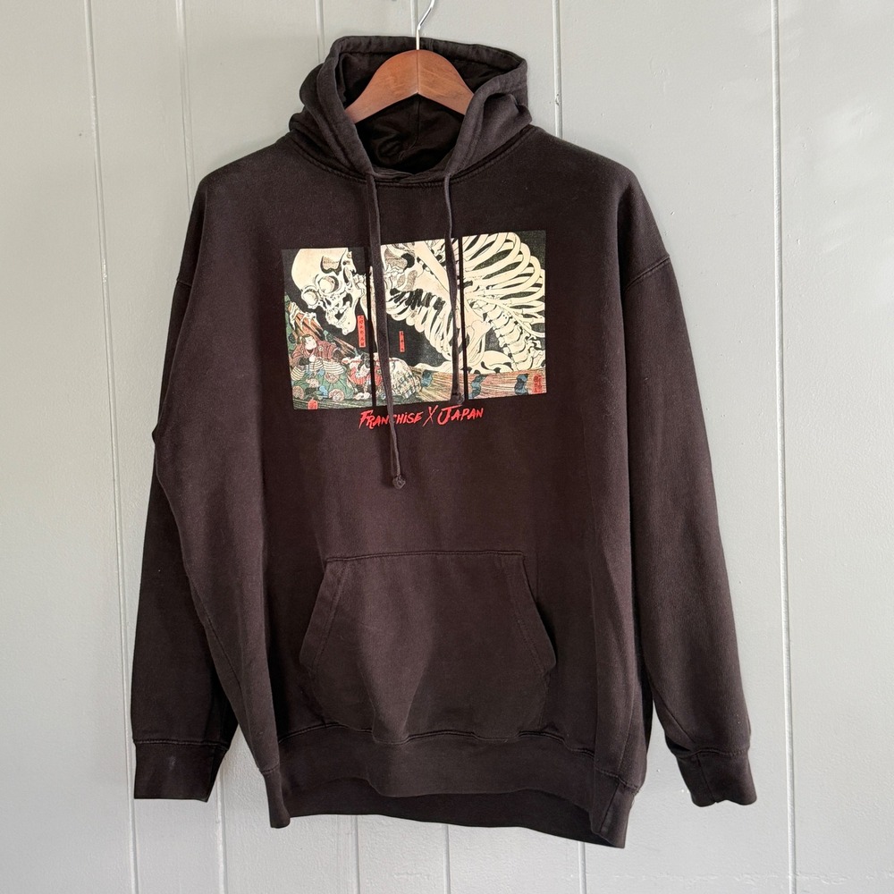 Franchise LA Japan Mens XL Skeleton Ukiyo-e Graphic Hoodie Faded Black Cotton